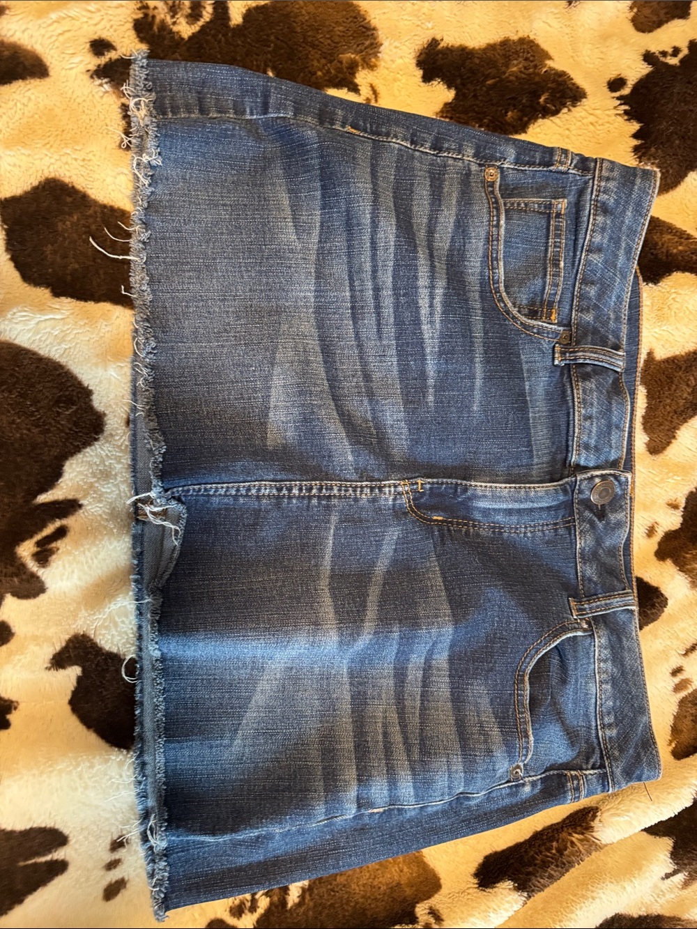 American Eagle Outfitters Dark Blue Distressed Frayed-Hem Denim Mini Skirt